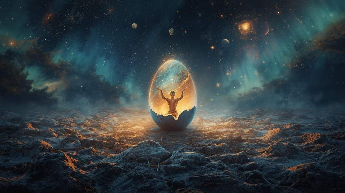 A glowing cosmic egg cracking open on starlit ground, a figure emerging in golden light