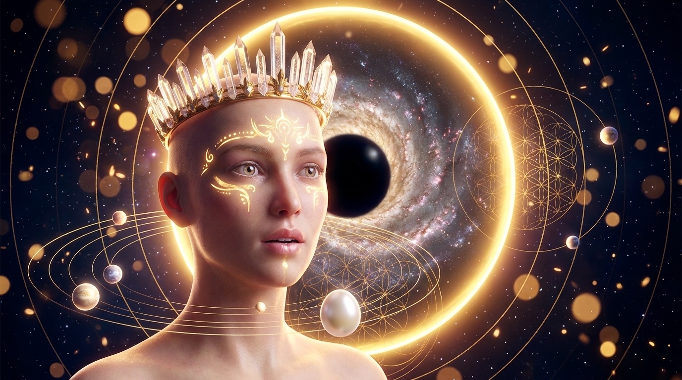 A crowned figure lit in gold, framed by a giant cosmic eye with a spiral galaxy for an iris, mouth open in an Oh of recognition